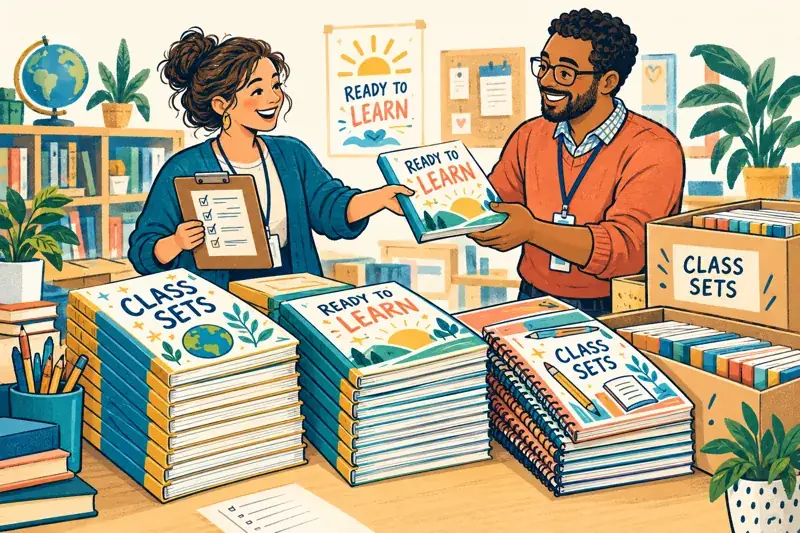 Hand-drawn class-set book distribution with study guides, workbooks and an order checklist.