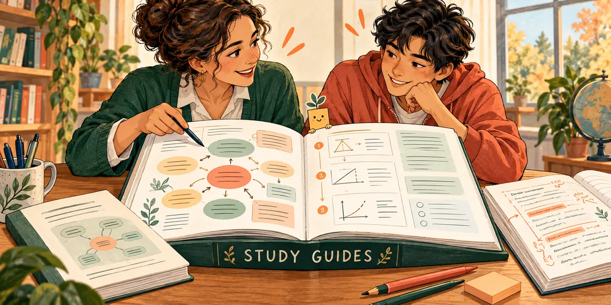 An educator and learner explore an illustrated study guide with worked examples