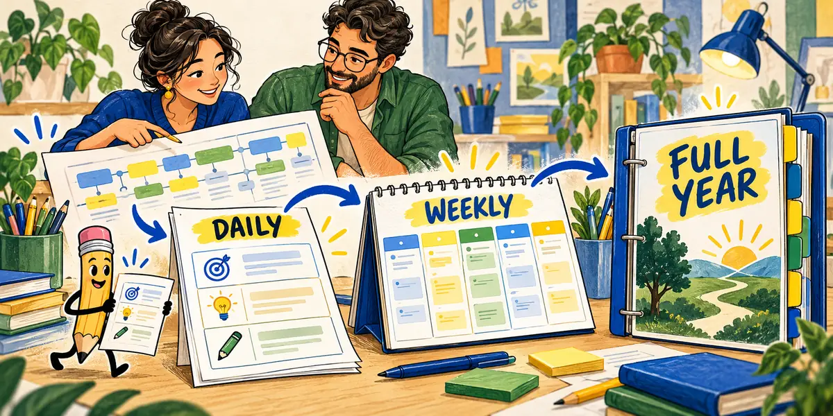 A teacher and designer organize daily lesson sheets, a weekly planner and a full-year binder