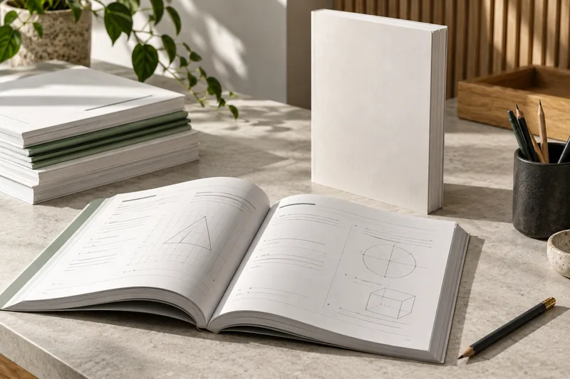 An open workbook and organized teaching packets. Illustrative materials.