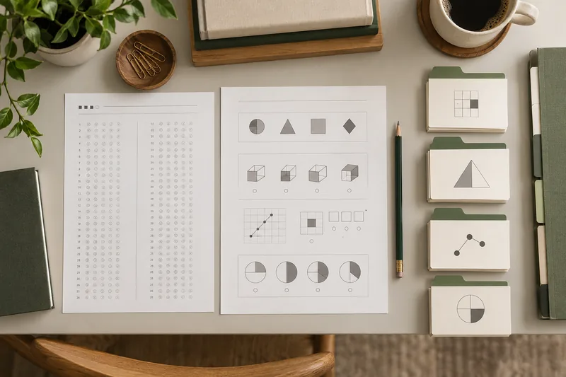 Assessment pages and skill cards arranged on a desk. Illustrative materials.