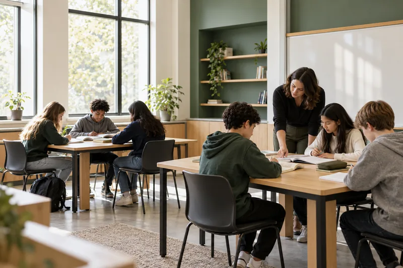 A teacher and learners use printed materials in a classroom. Illustrative scene.