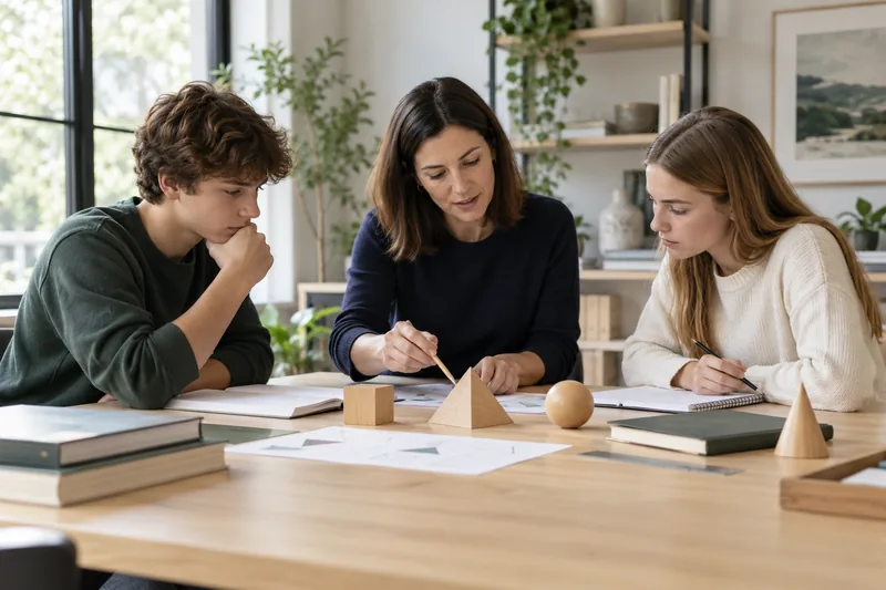 A tutor and two learners work with printed learning materials. Illustrative scene.
