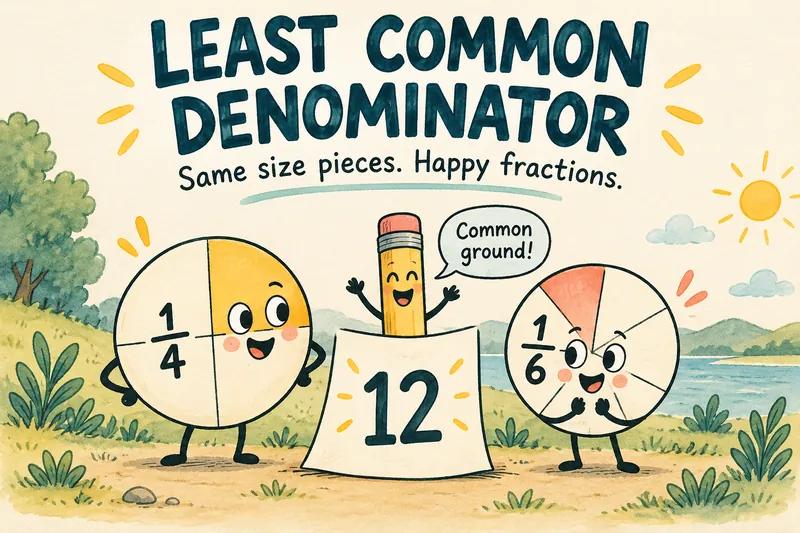 Comic fraction characters labelled one fourth and one sixth find common ground at 12