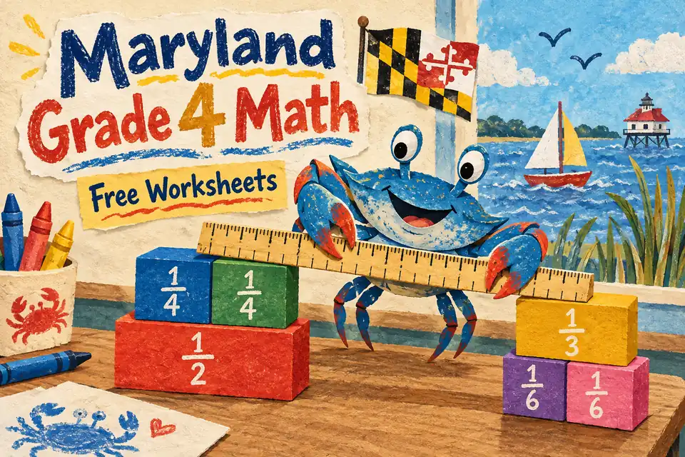 A cheerful blue crab balances a ruler on fraction blocks beside a Chesapeake sailboat, with Maryland Grade 4 Math Free Worksheets hand lettering.
