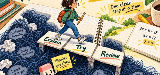A student crosses notebook steps labeled Explain, Try and Review beside the correct solution x = 4.