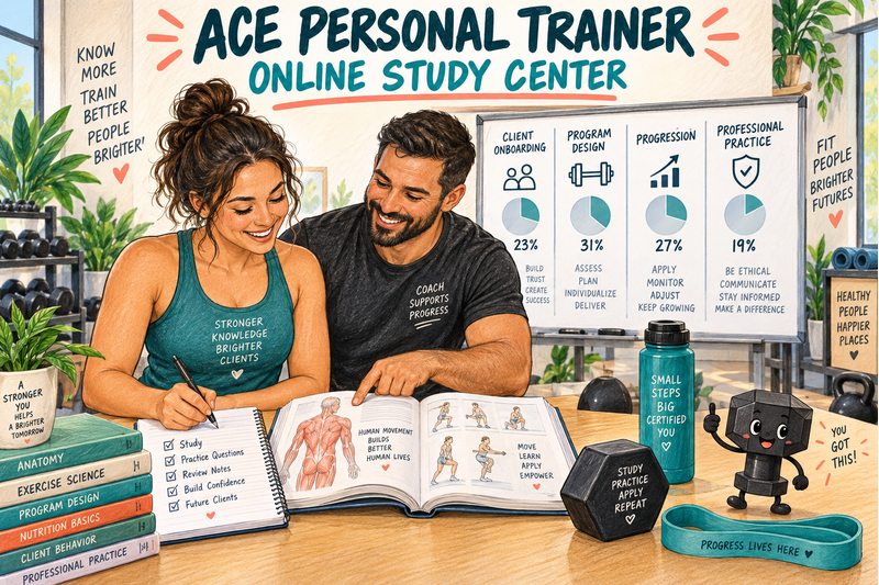 A personal trainer certification candidate and coach study the four ACE exam domains at a fitness studio.