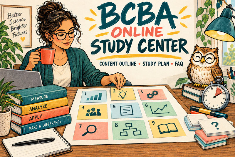 A behavior analyst and owl study companion review a nine-area BCBA exam map, with the words BCBA Online Study Center in hand lettering.