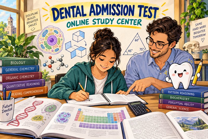 A dental-school applicant studies biology, chemistry, perceptual puzzles, reading, and quantitative reasoning with a mentor and a smiling tooth mascot; the art reads Dental Admission Test Online Study Center.