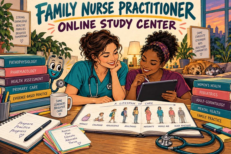 A family nurse practitioner and a nurse practitioner student review study cards, health references, and a lifespan timeline with a smiling cartoon stethoscope mascot.
