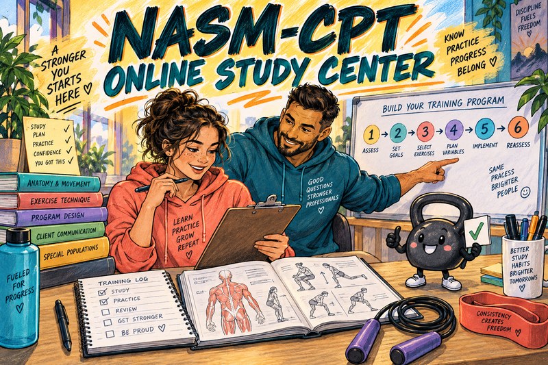 A personal training candidate and coach review a six-domain NASM-CPT study plan beside a kettlebell mascot.