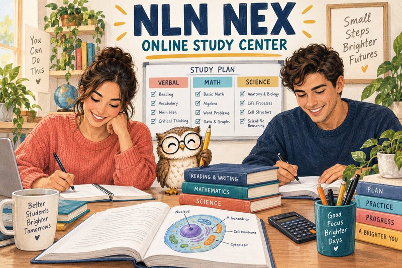 Two nursing-school applicants study Verbal, Math, and Science with an owl study companion.