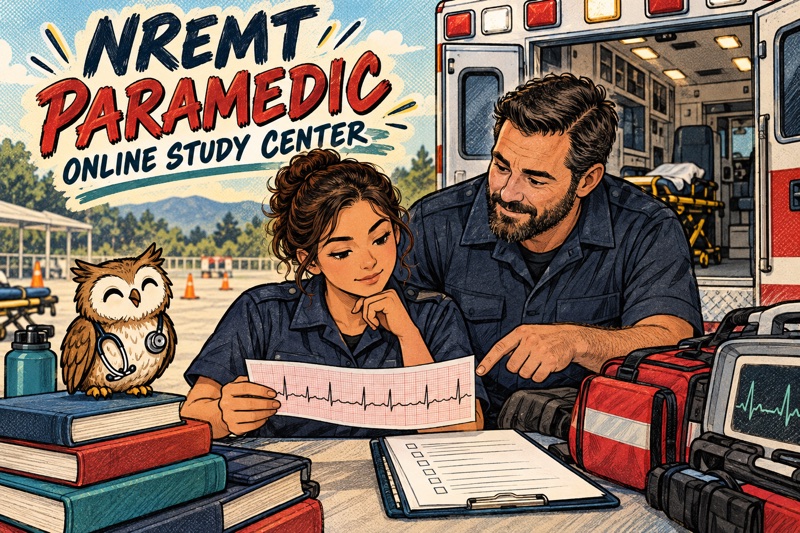 A paramedic student and instructor review an ECG strip beside an ambulance, with an owl study companion and the words NREMT Paramedic Online Study Center.