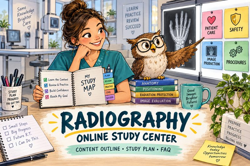 A radiographer and owl review a hand X-ray and four ARRT Radiography exam areas beneath the words Radiography Online Study Center.