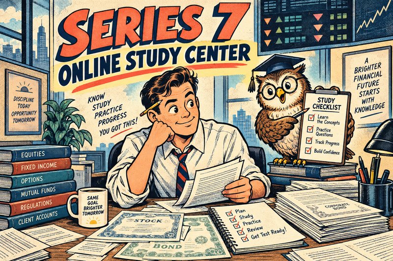 A hand-inked comic cover titled Series 7 Online Study Center, with a securities representative and owl guide reviewing a study checklist.