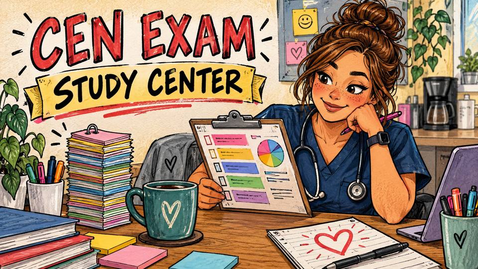 An emergency nurse reviews a CEN exam outline beside a tall stack of flashcards.