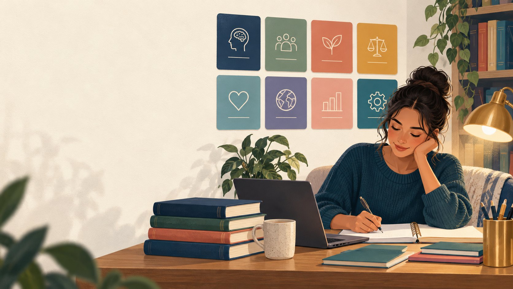 A counseling graduate studies the eight CPCE content areas at a desk.
