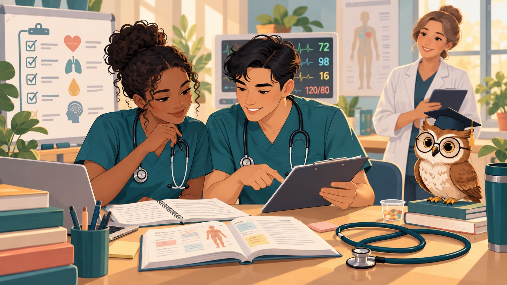 Two nursing students review a clinical case with an instructor and an owl study companion.