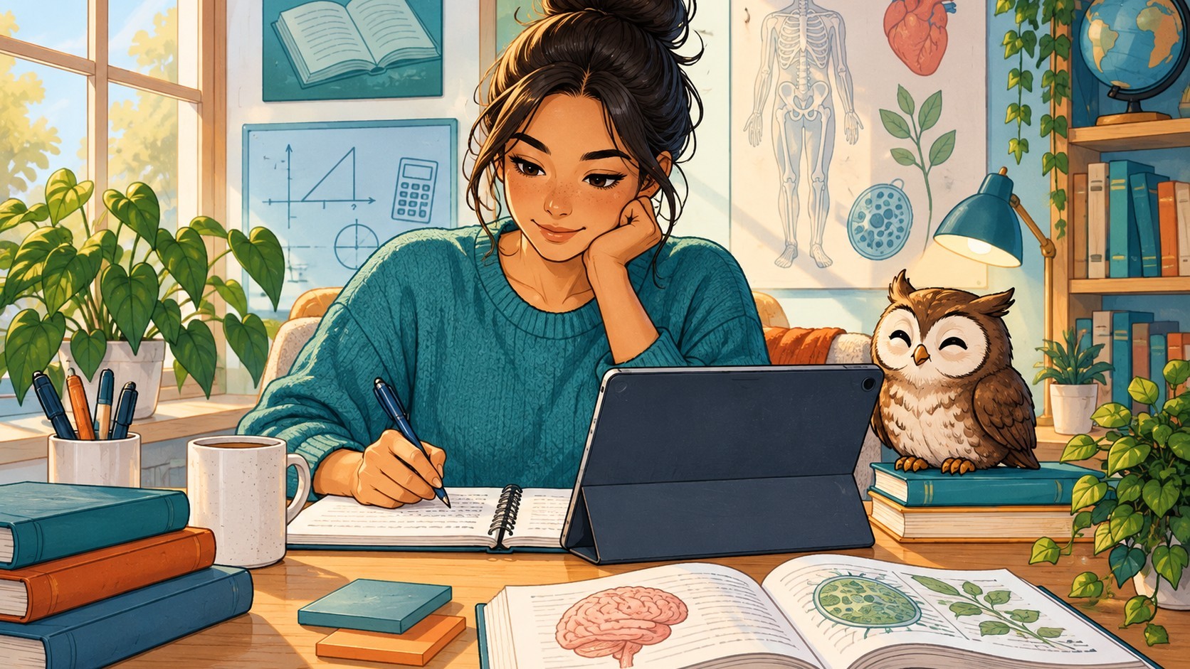 A nursing school applicant studies reading, mathematics, writing, and science with an owl study companion.