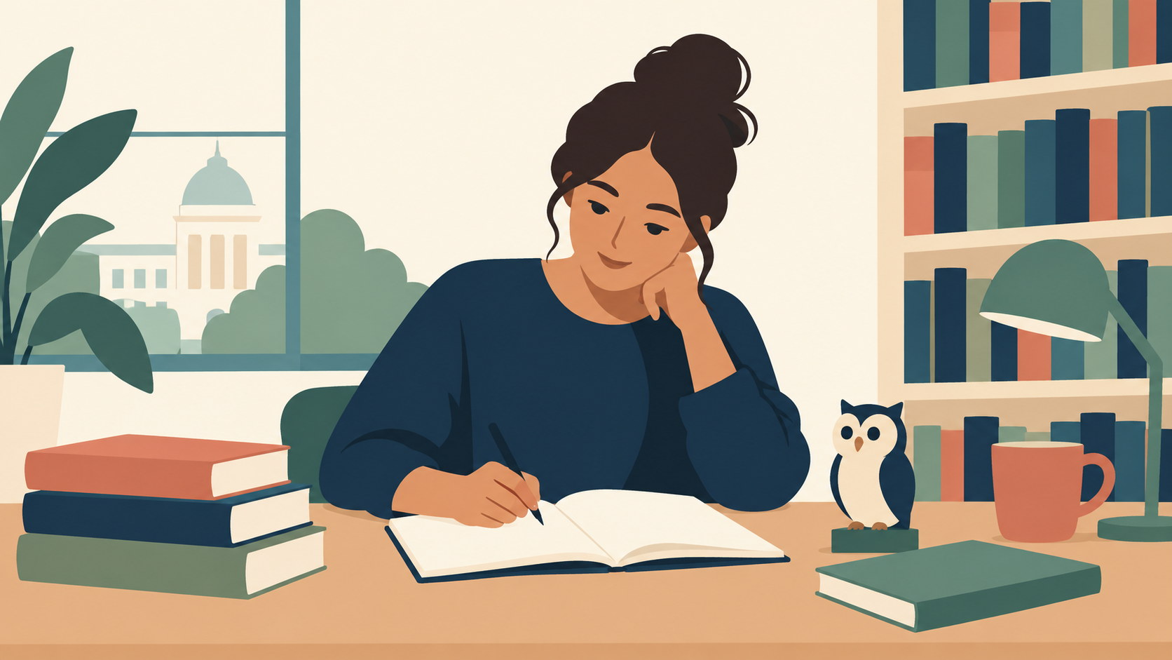 A graduate student reviews counseling exam material at a desk beside an owl study companion.