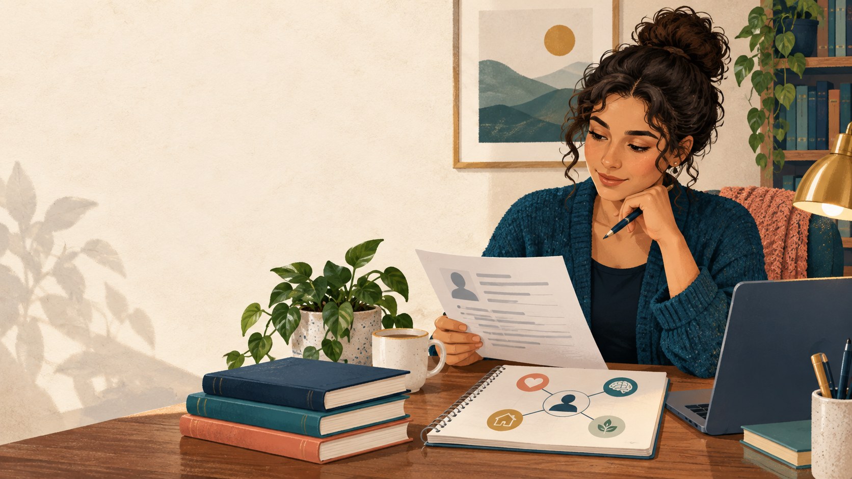 A counseling graduate reviews an anonymized clinical case map at a desk.