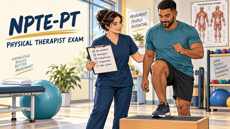 A physical therapist guides a patient through a step-up exercise in a rehabilitation clinic.