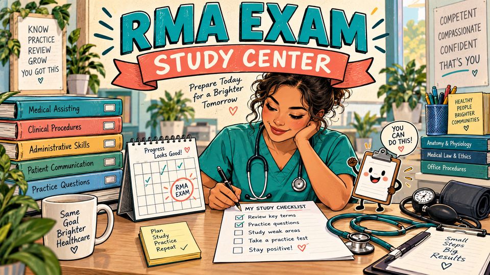 A medical assistant studies the RMA outline with a checklist, textbooks, and stethoscope.