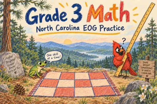 Wax crayon comic of a frog measuring a picnic blanket while a cardinal carries an oversized ruler