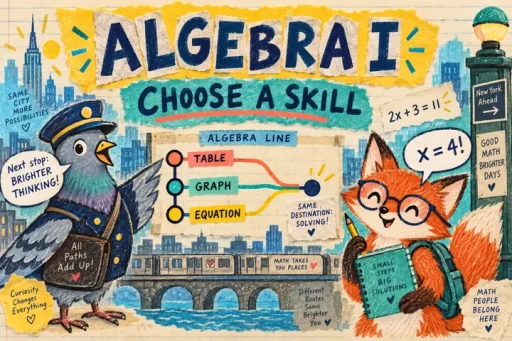 Torn-paper and wax-crayon pigeon conductor and fox connect table, graph and equation; two x plus three equals eleven gives x equals four