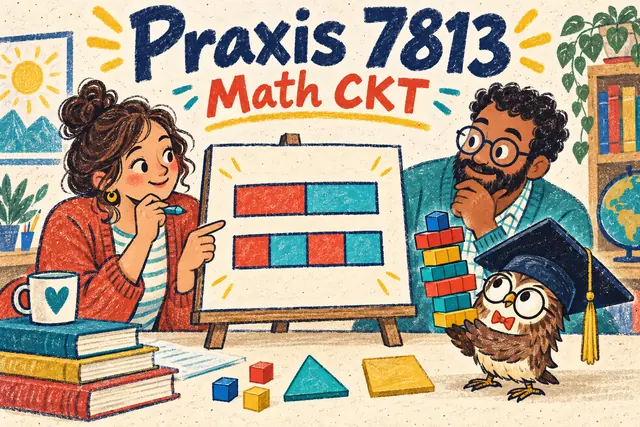 Praxis 7813 Math CKT comic with teachers explaining fraction models and an owl teaching assistant.