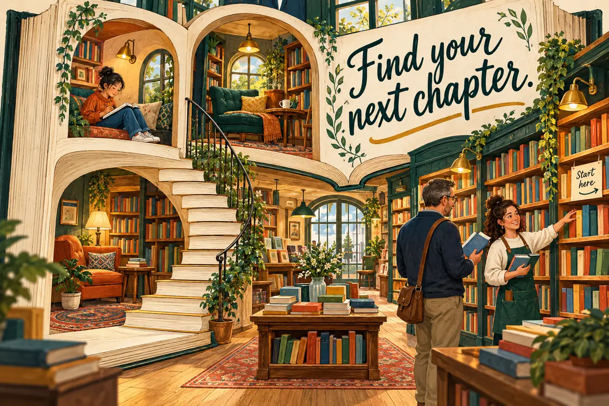 An illustrated bookshop inside an open book, with the handwritten words Find your next chapter.