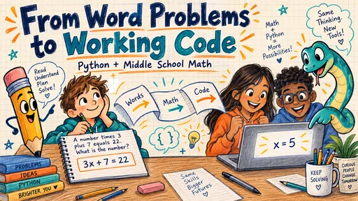 Handwritten comic showing students turning the word problem 3x + 7 = 22 into code, with a friendly python and the answer x = 5.