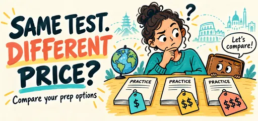 Same test, different price: a student compares three practice booklets with different price tags beside a globe and a worried cartoon wallet.