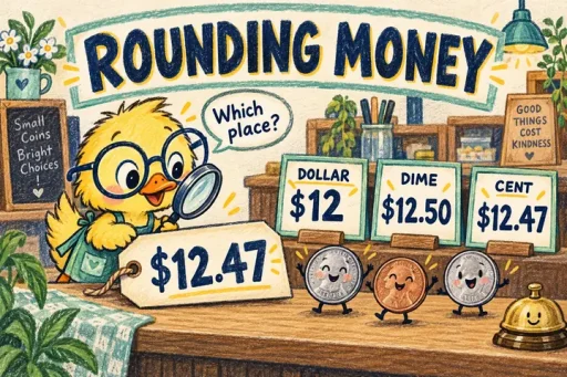 Crayon duck shopkeeper rounds $12.47 to $12, $12.50 or $12.47 for dollars, dimes and cents