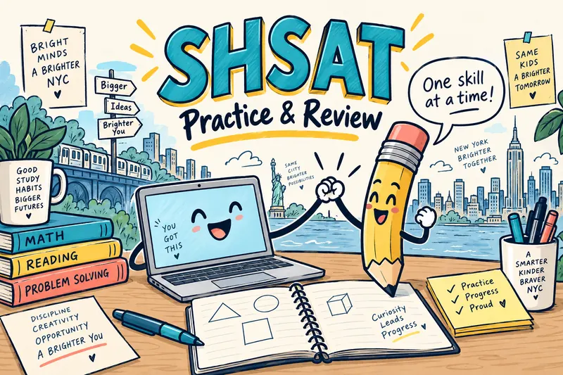 Handwritten SHSAT Practice and Review cover with a cheerful laptop and pencil studying beside the New York skyline