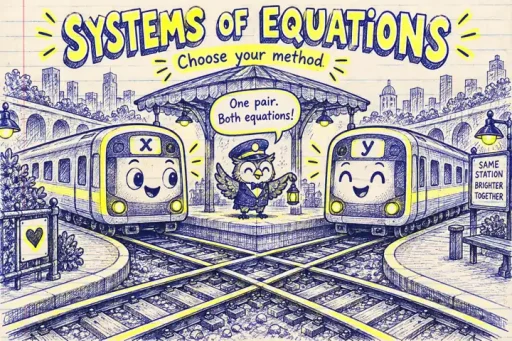 Ballpoint comic of x and y subway trains meeting an owl conductor at one station