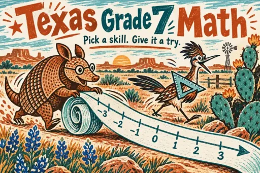 Linocut comic of an armadillo rolling a number line beside a roadrunner with a triangle ruler