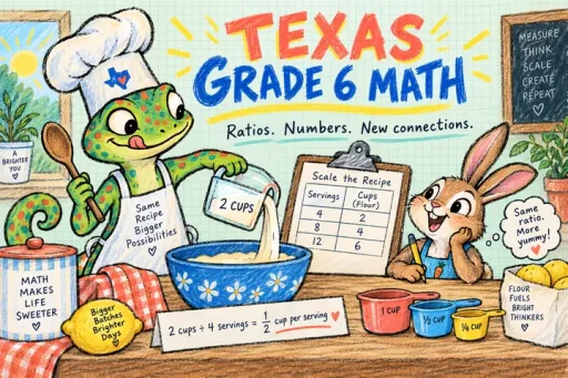 Oil-pastel gecko chef and rabbit scale a recipe using two cups for four servings and a ratio table
