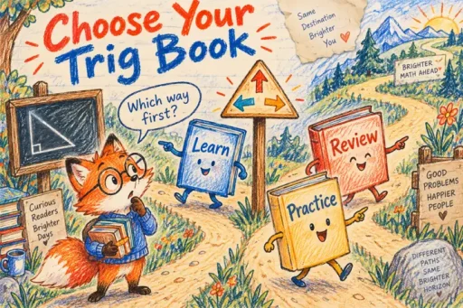 Wax-crayon comic of a fox choosing between Learn, Review and Practice books