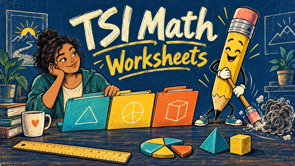 An adult learner sorts math topic folders while a friendly pencil sweeps away a cloud of mistakes. Handwritten title: TSI Math Worksheets.