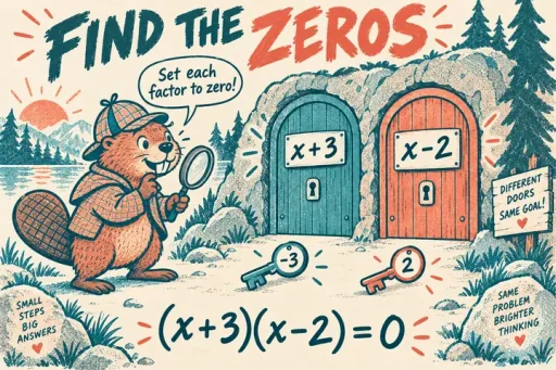Risograph beaver detective finds keys negative three and two for factors x plus three and x minus two
