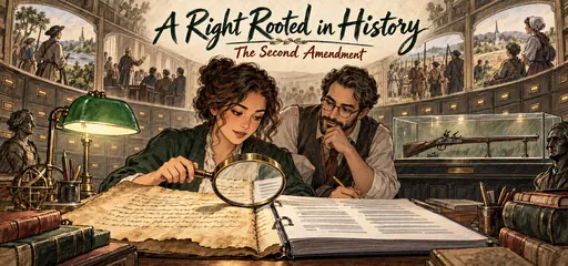 Hand-drawn archive comic of two researchers comparing a historic parchment with a modern legal binder, illustrating the Second Amendment and historical tradition.