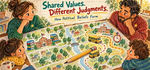 Crayon and colored-pencil comic of two parents considering a school map, balancing equal classroom resources against a longer school-bus journey to illustrate how shared values can lead to different political judgments.