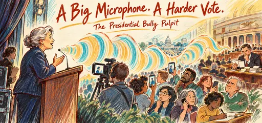 Hand-drawn presidential communication comic showing a fictional president addressing citizens through news and phones while legislators consider their own votes, illustrating the limits of public persuasion.