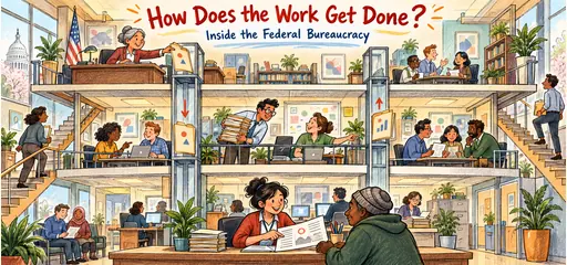 Hand-drawn cutaway office comic showing delegated instructions moving down an agency hierarchy, reports moving up, and a frontline caseworker helping a resident.