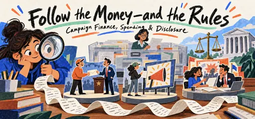 Cut-paper and crayon comic following receipts through direct campaign contributions, independent advertising, party planning, and disclosure reports, with a student examining the different relationships.