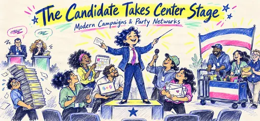 Ballpoint and highlighter comic of a fictional candidate conducting campaign staff, with primary rivals, fundraising, communications, calendars, and a separate party-support team bringing resources.