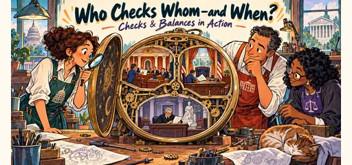 Hand-drawn checks and balances comic showing three civic clockmakers examining connected scenes of Senate confirmation, presidential presentment and judicial review inside an open mechanical clock.