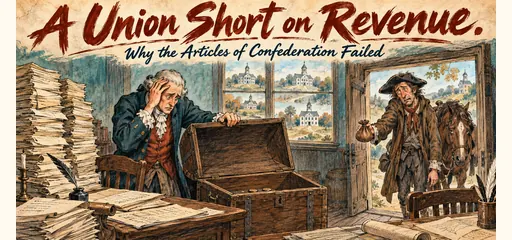 Hand-drawn Confederation-era comic showing a worried finance clerk with an almost empty national treasury chest and a weary state messenger carrying a small payment pouch.