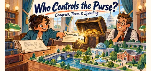 Hand-drawn congressional spending comic showing an appropriations document as a key to Treasury funding beside miniature public bridges, a school and a science lab.
